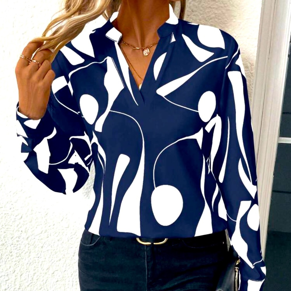 New Navy and White Abstract  Top